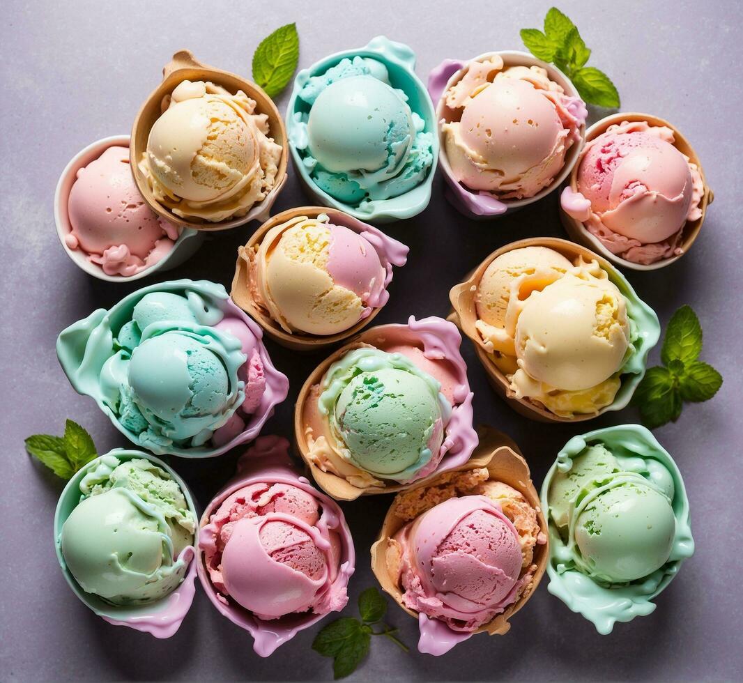AI generated Colorful ice cream scoops in cones on a gray background. photo