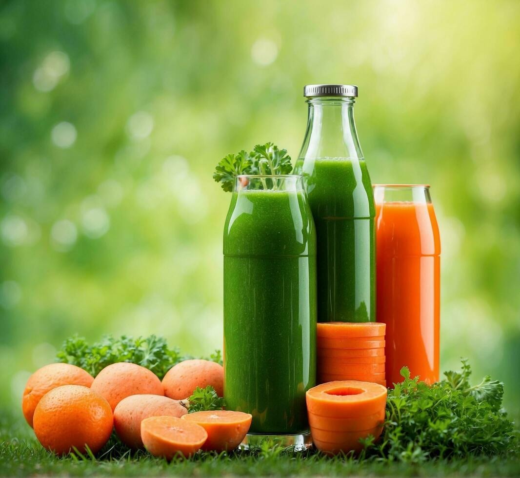 AI generated Carrot juice in bottle and glass with fresh fruits on green grass photo
