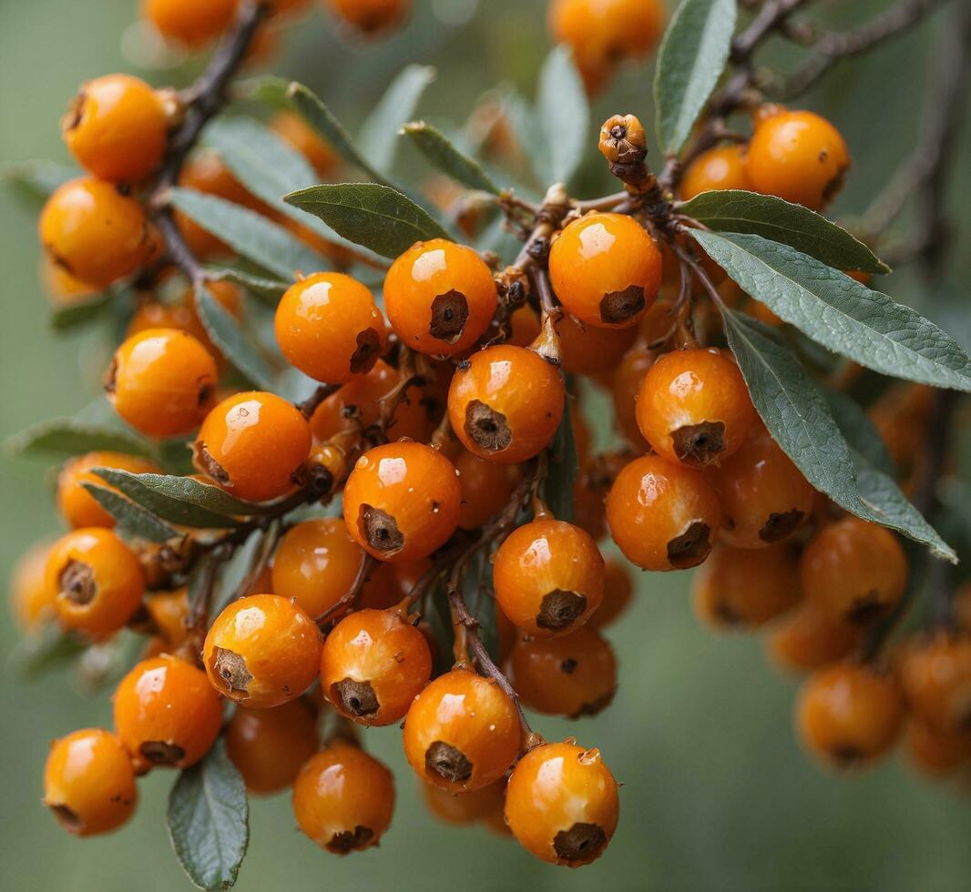 AI generated Sea buckthorn berries on a branch with green leaves in autumn photo