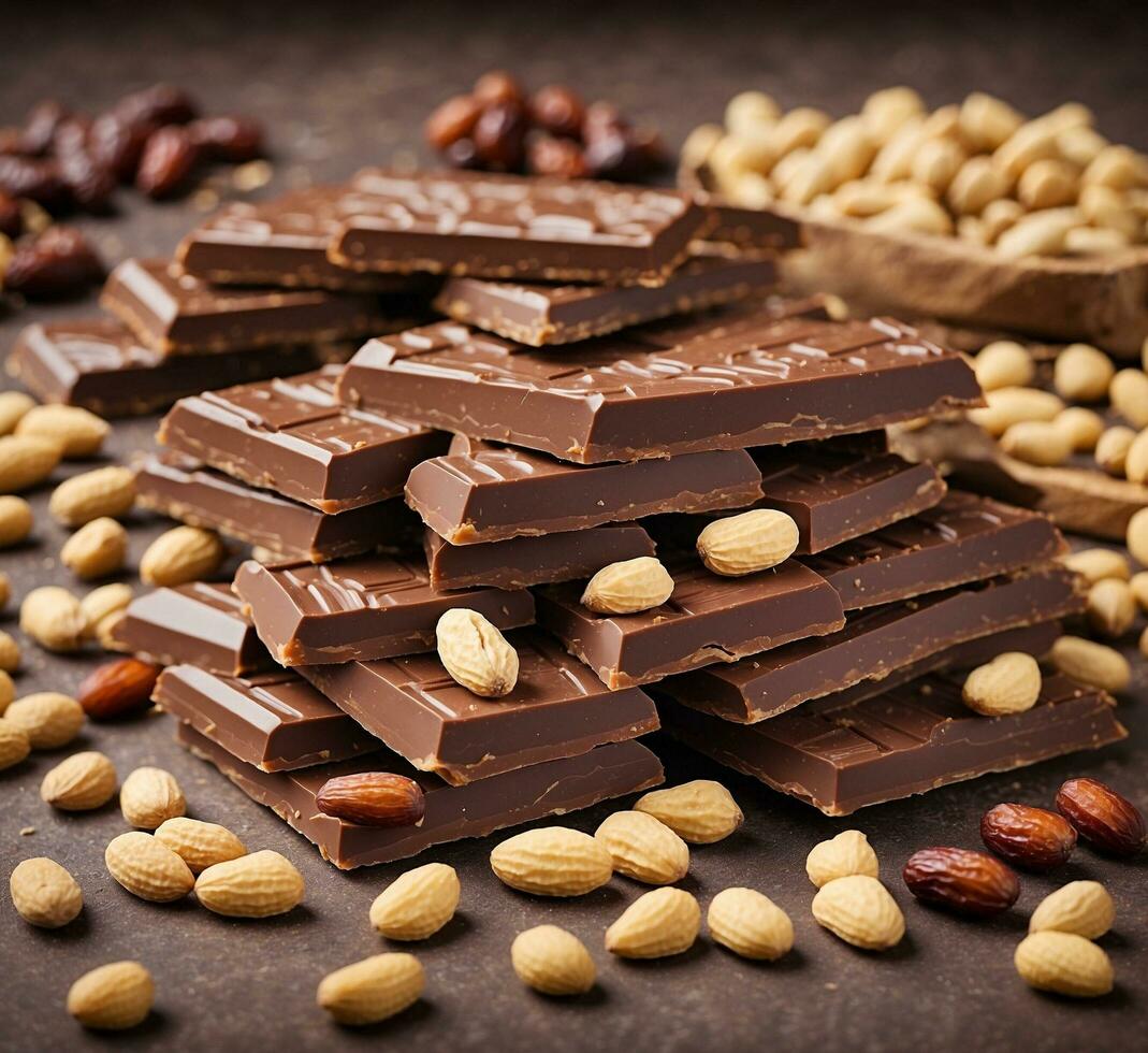 AI generated Chocolate bars with nuts on a dark background. Selective focus. photo