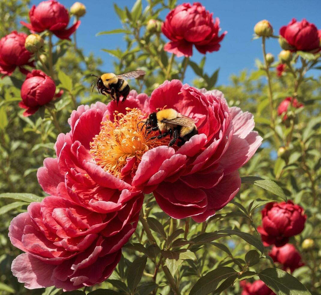 AI generated Bumblebee pollinates a red peony flower in the garden photo