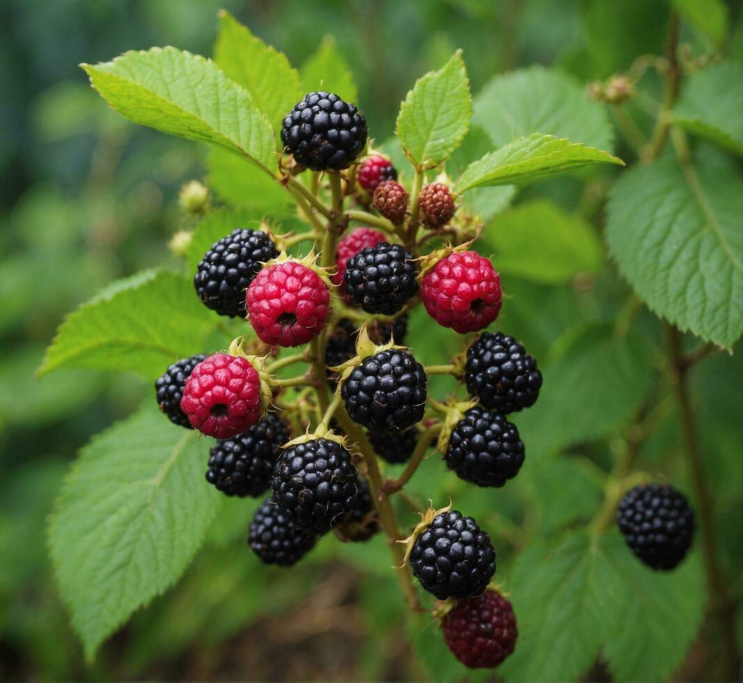 ai generado maduro moras en un rama con verde hojas en el jardín foto