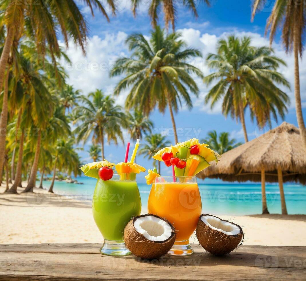 AI generated Exotic cocktails on a tropical beach with palm trees and blue sky photo