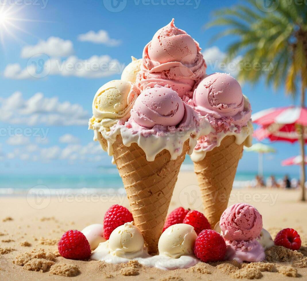 AI generated Ice cream cone with berries on the sandy beach and blue sky background photo