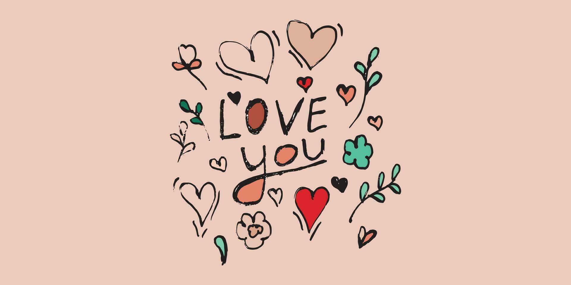 Hand drawn colorful love themed background. Vector illustration.