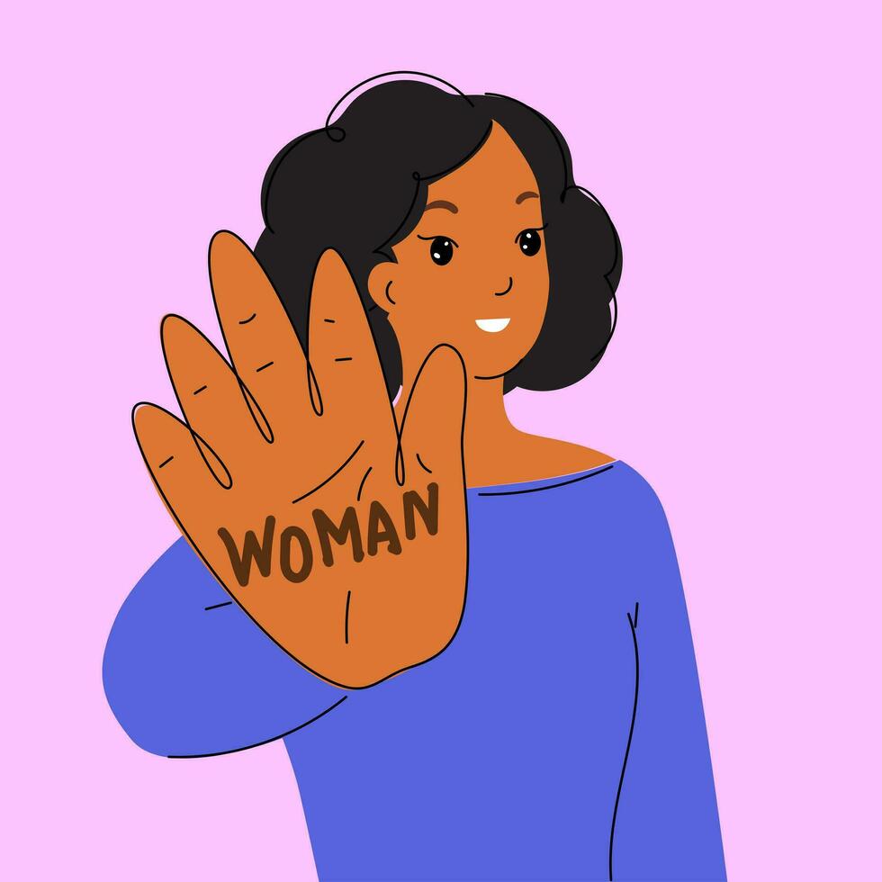 Woman shows her palm with the inscription Woman. Gender equality. Woman is proud of herself. Girl power. Woman history month illustration. Female strength. 8 march, International Women's day card. vector