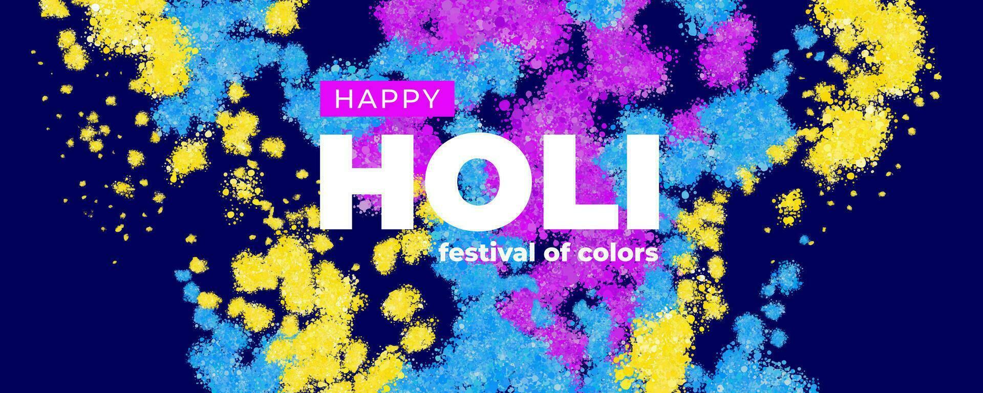 Happy Holi. Colorful gulal explosion. Vibrant color splash and typography. Banner for Indian festival. Abstract multicolor background. Colored powder vector