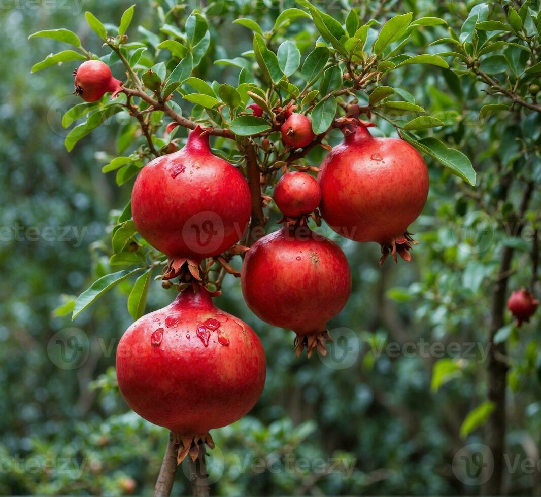 AI generated Ripe pomegranate fruit on the tree in autumn. photo