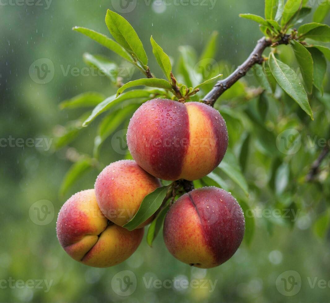 AI generated Ripe peaches on a branch in the rain. Selective focus. photo