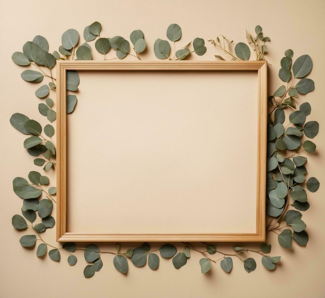 AI generated Wooden frame with eucalyptus branches on beige background photo