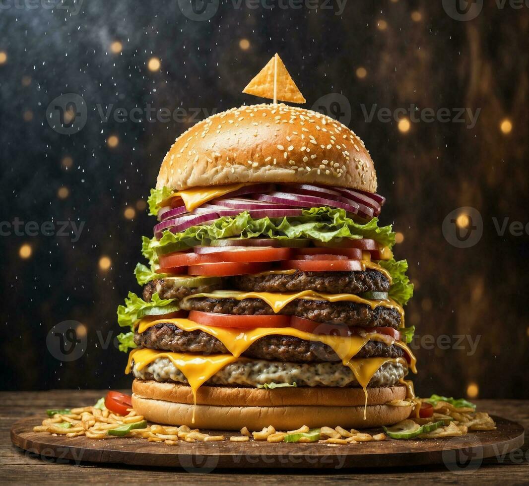 AI generated Double cheeseburger on a wooden table. Toned image with space for text photo