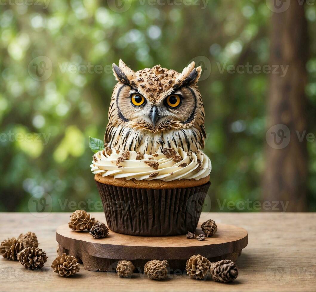 AI generated Eagle owl cupcake with cream and pine cones on wooden table photo