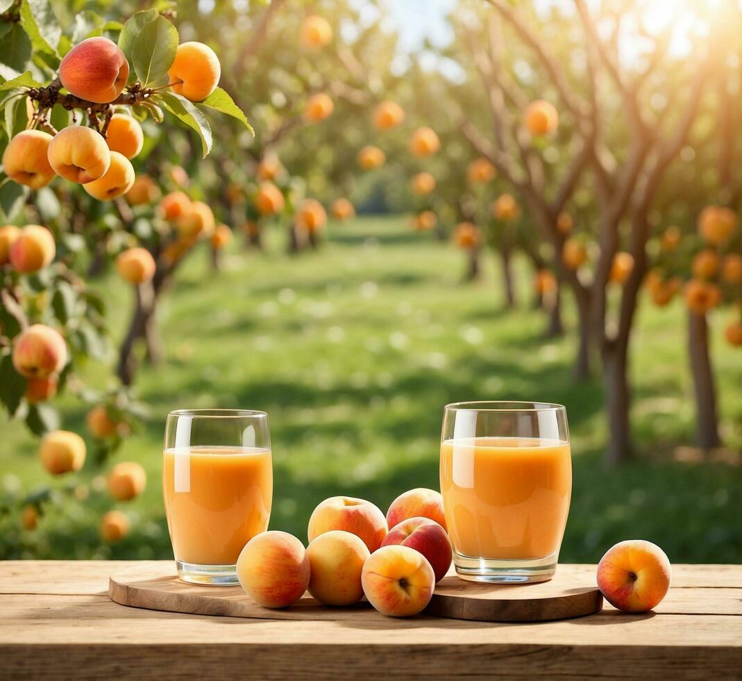 AI generated Two glasses of apricot juice on a wooden table in the garden photo