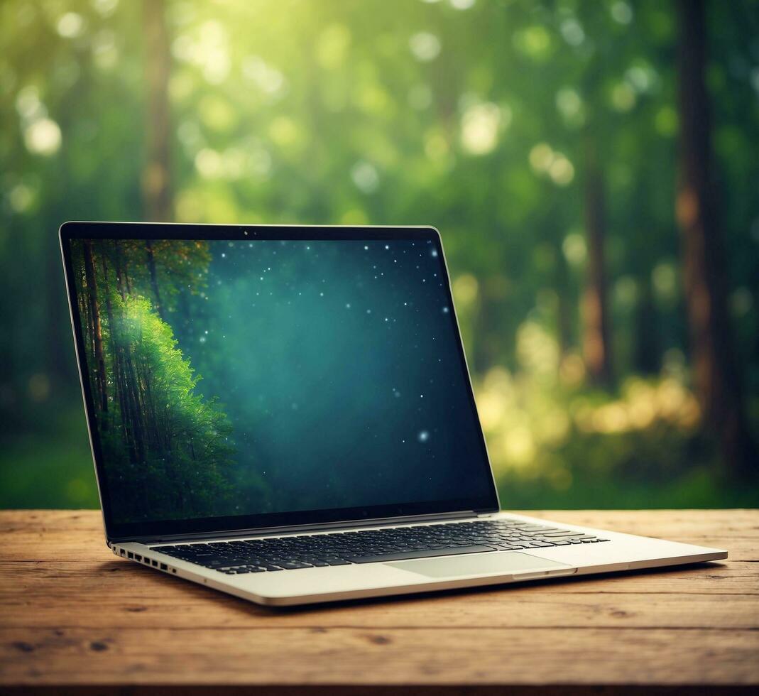 AI generated Laptop on wooden table with blurred forest background. Technology and nature concept photo