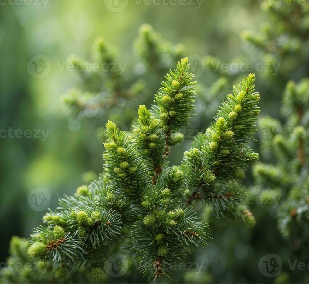 AI generated Green spruce branch with young cones on blurred background, close up photo