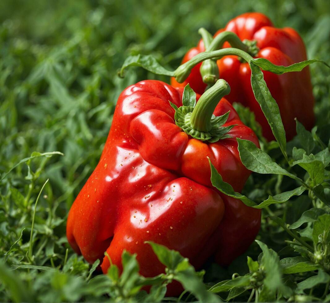 AI generated Red pepper on the green grass. Selective focus. Shallow depth of field photo