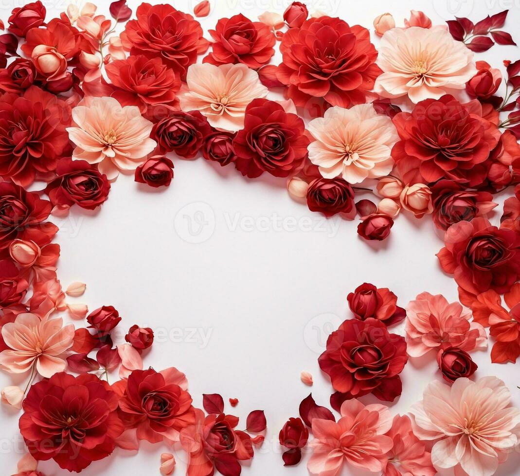 AI generated Flowers composition. Frame made of red and white flowers on white background. Flat lay, top view, copy space photo