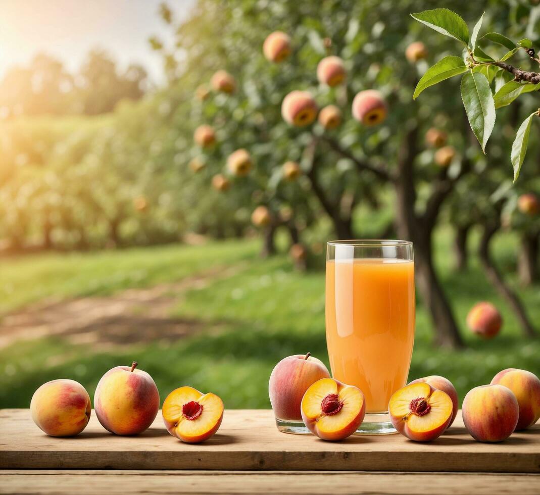 AI generated A glass of peach juice and ripe peaches on a wooden table in orchard photo