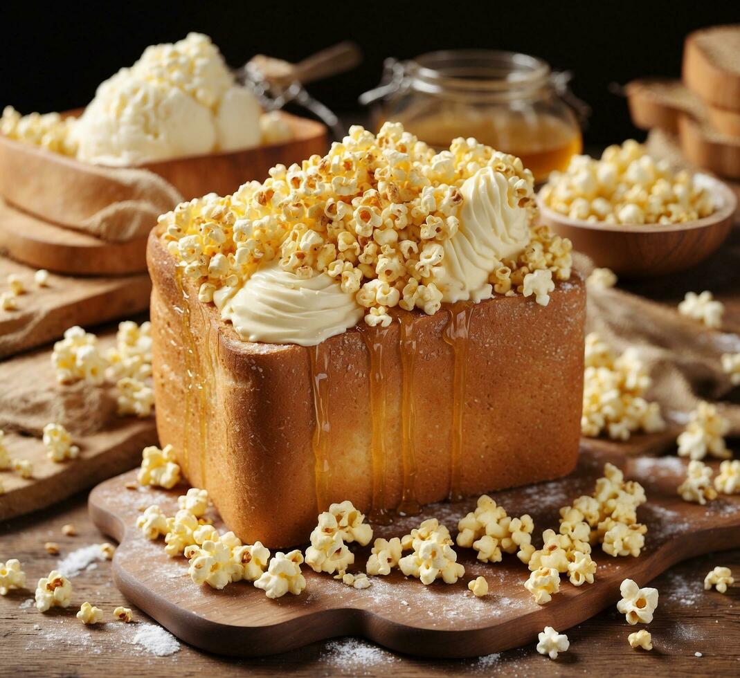 AI generated Baked sweet bread with butter and popcorn on a wooden background. photo