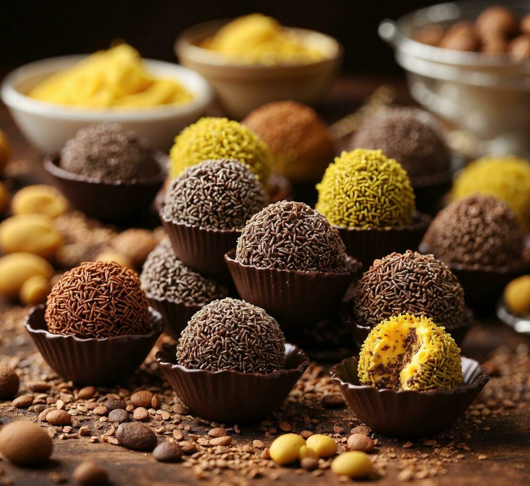 ai generado chocolate trufas con pistachos y cacao polvo, selectivo atención foto