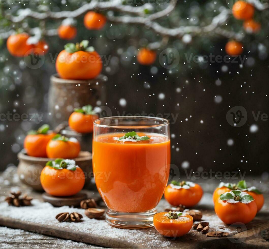 ai generado delicioso caqui jugo en un vaso y Fresco caqui frutas en un de madera antecedentes foto