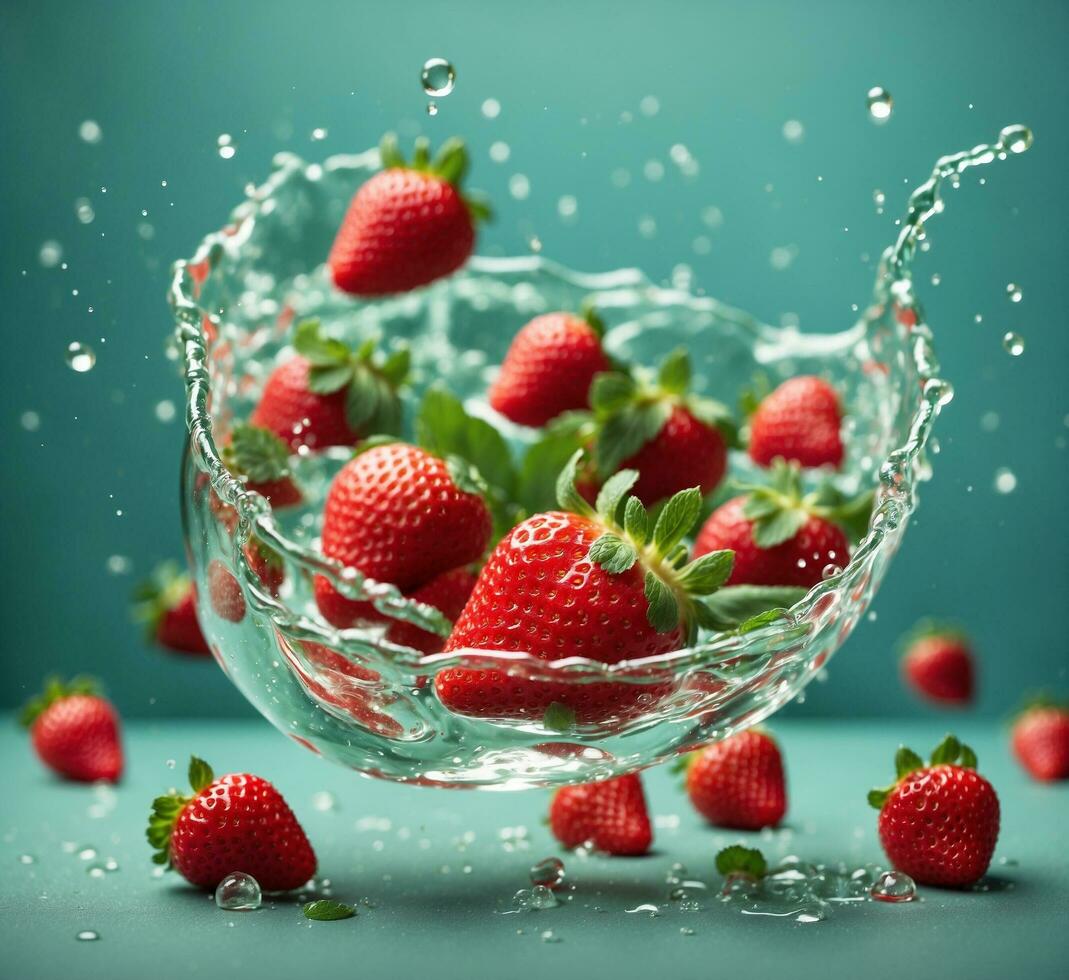 ai generado fresas en vaso cuenco con agua chapoteo en agua antecedentes foto