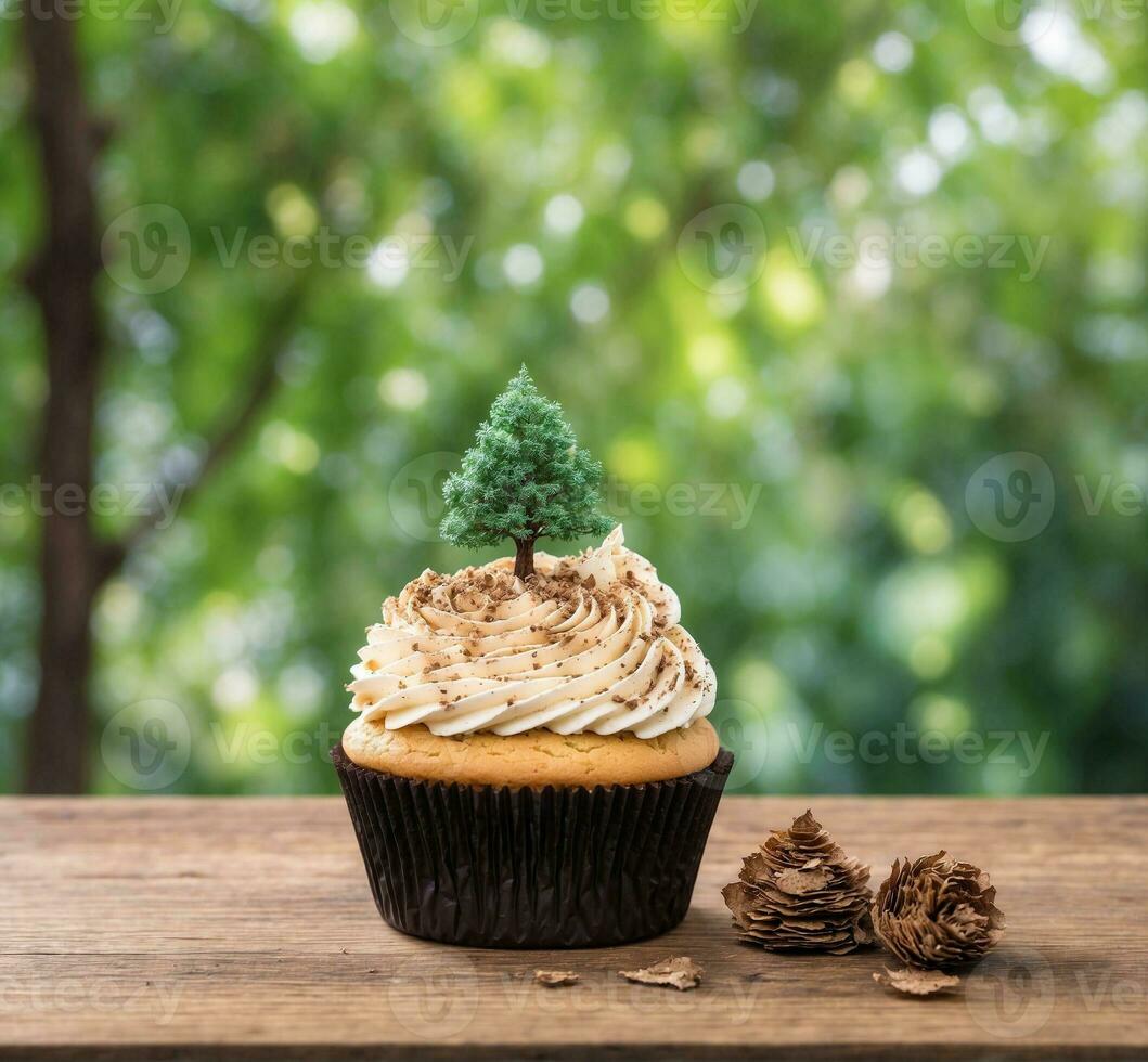 AI generated Christmas cupcake with Christmas tree on top on wooden table and blurred background photo