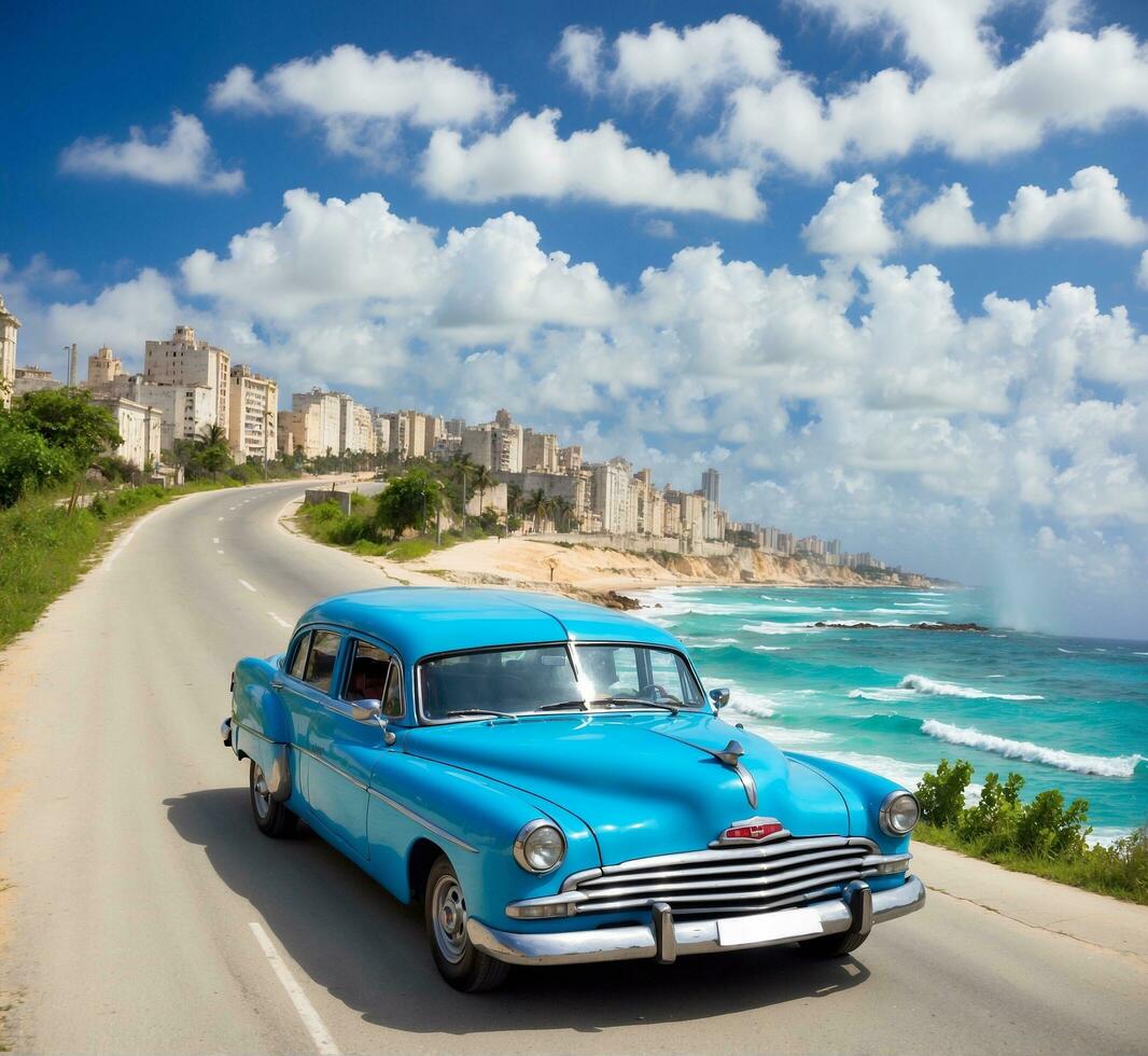 ai generado Clásico americano coche en el playa con azul cielo y nubes foto