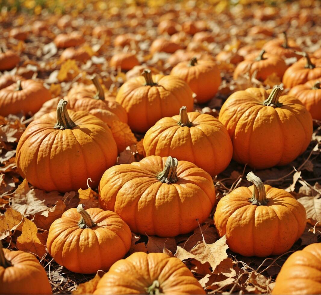 AI generated Pumpkin patch on sunny autumn day. Colorful pumpkins background. photo