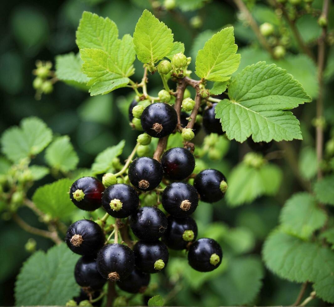 AI generated black currant bush with ripe berries on a background of green leaves photo