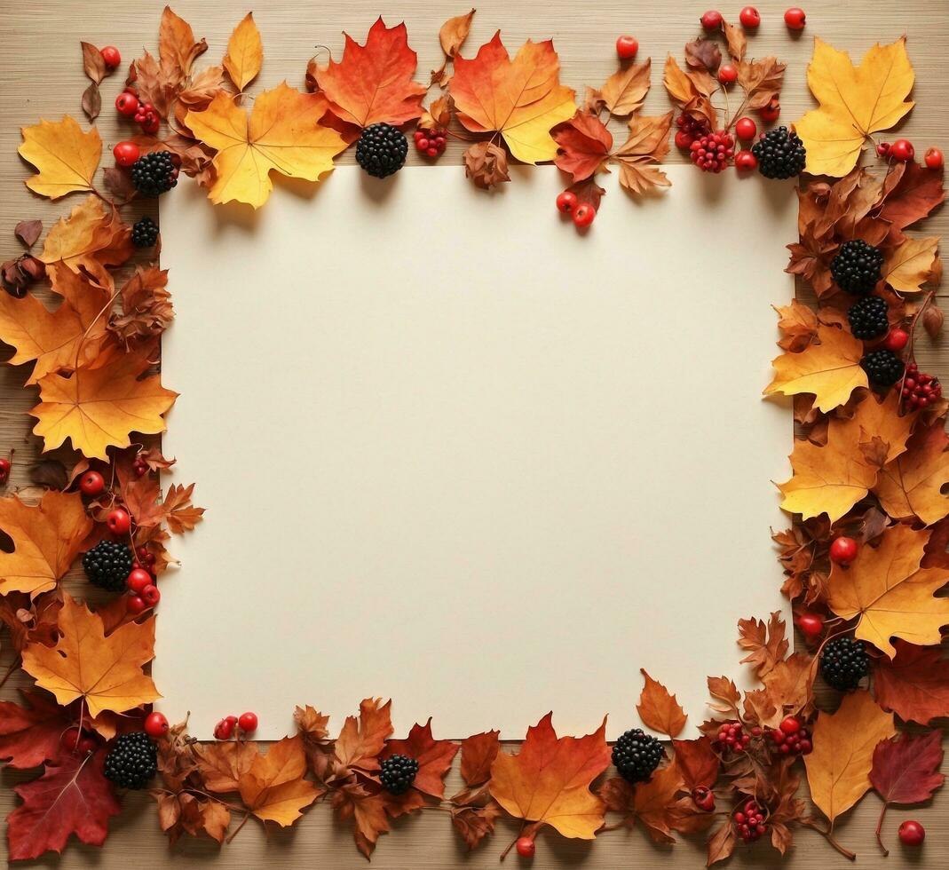 AI generated Frame made of autumn leaves and berries on wooden background, top view photo