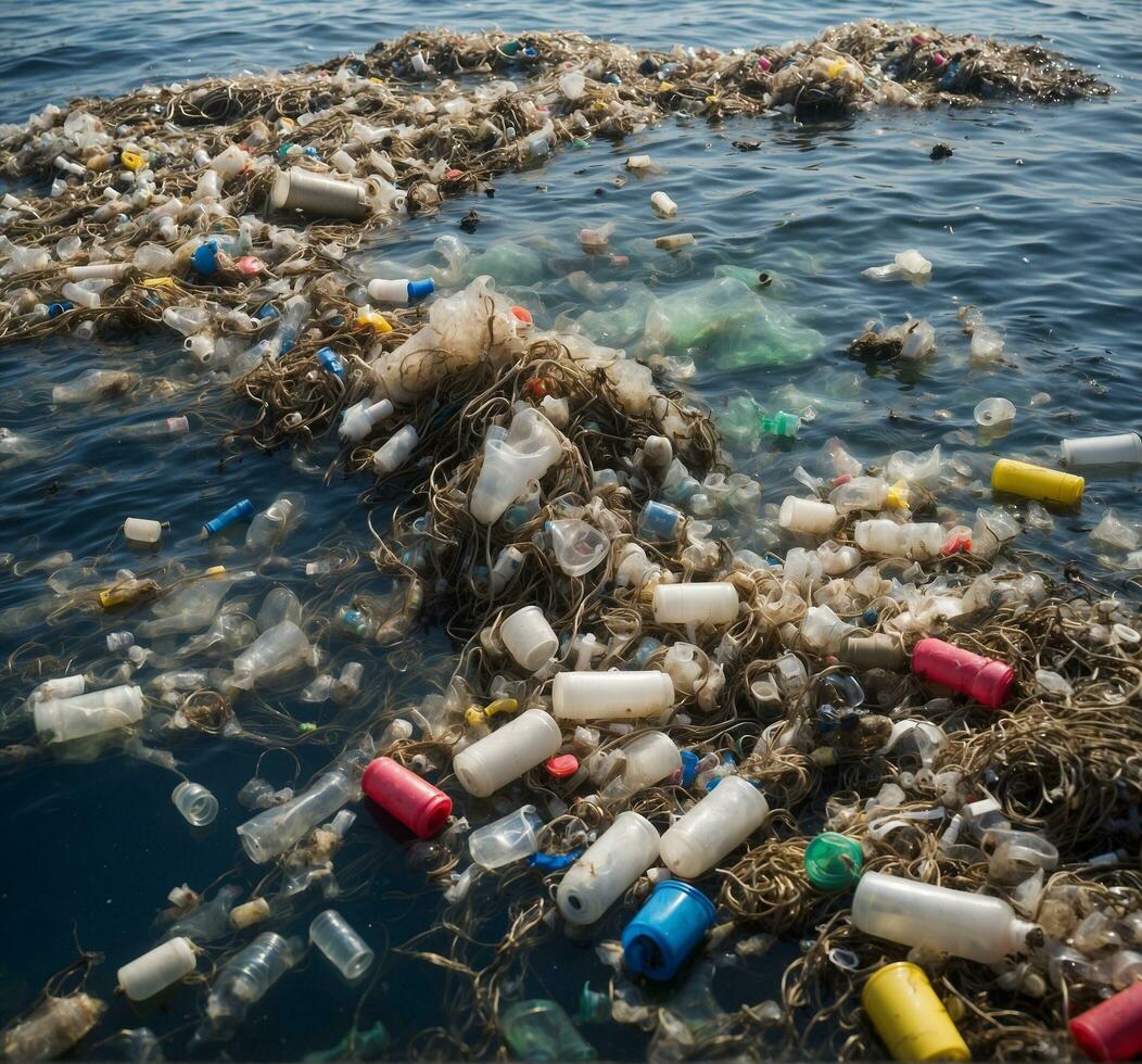 AI generated Plastic waste in the sea. Pollution of the environment. photo