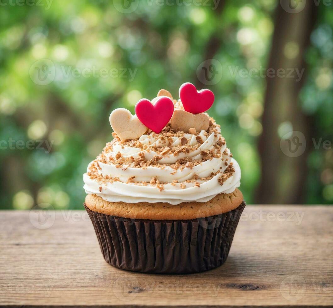 AI generated Cupcake with heart on top on wooden table in the garden photo