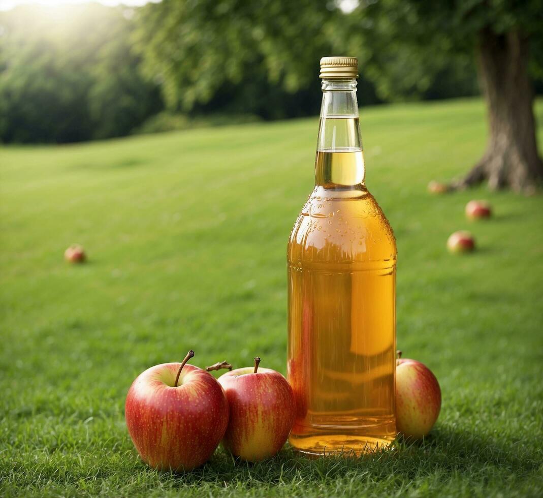 AI generated Apple cider vinegar in a bottle and fresh ripe apples on the grass. photo