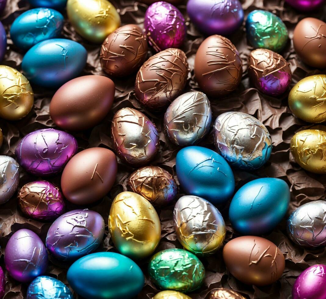 Colorful chocolate easter eggs as a background. Toned. photo