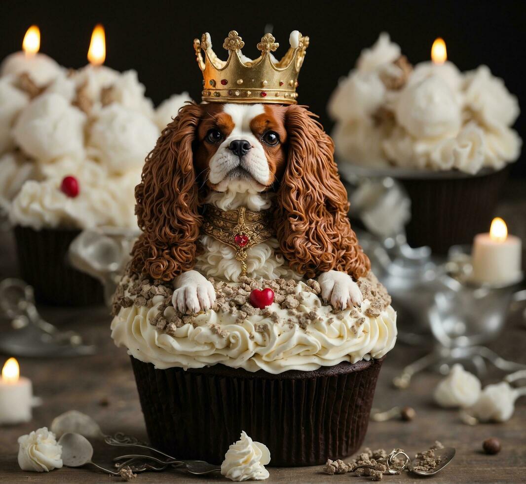 AI generated Cute King Charles Spaniel puppy in a crown on a cupcake. photo
