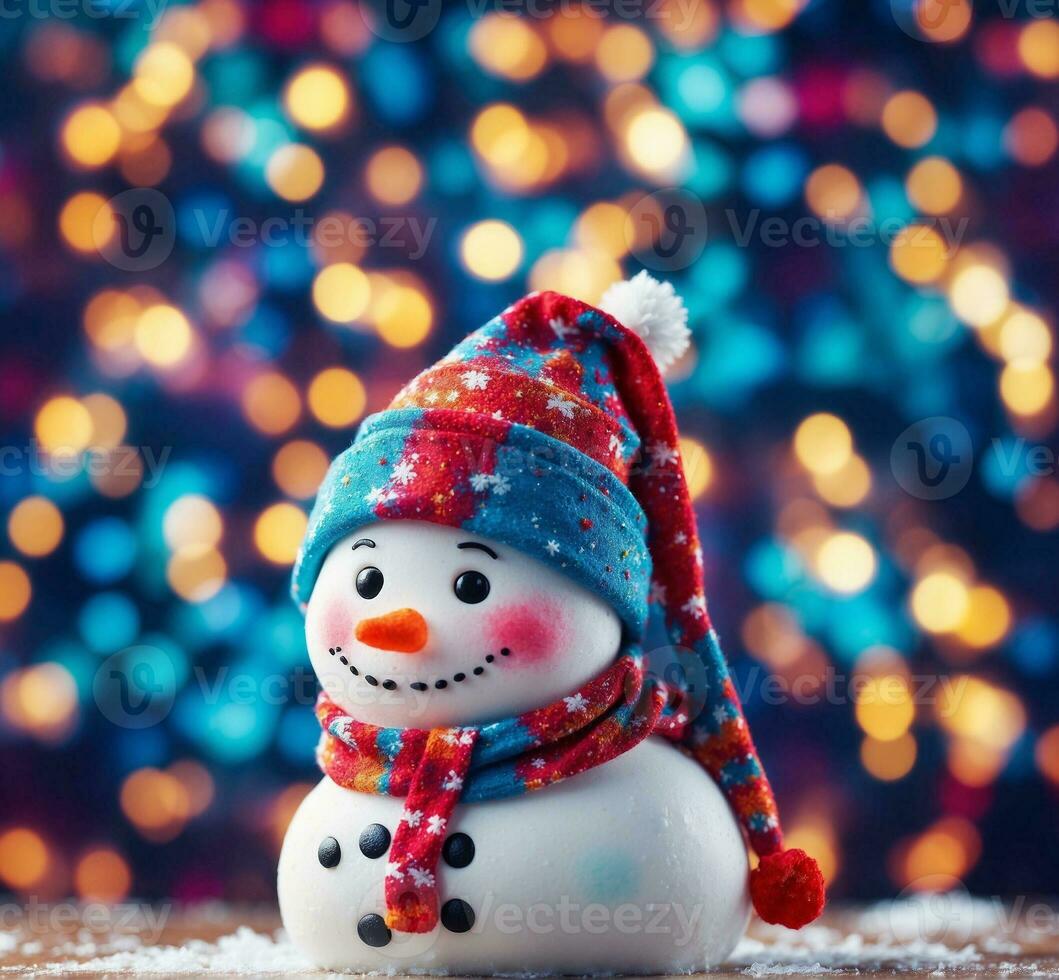 AI generated Snowman on bokeh background. Christmas and New Year concept. photo