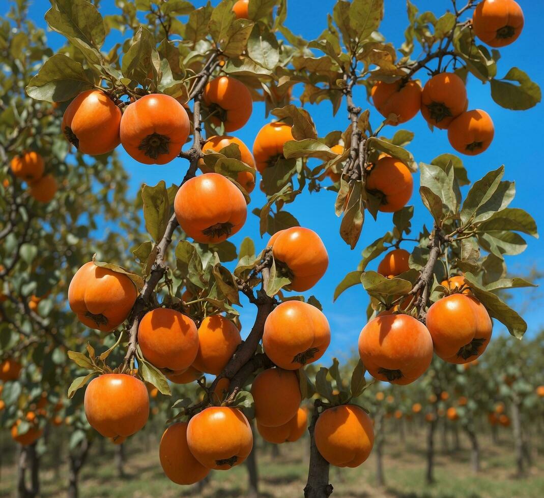 AI generated Ripe persimmon fruits on a tree in the orchard photo