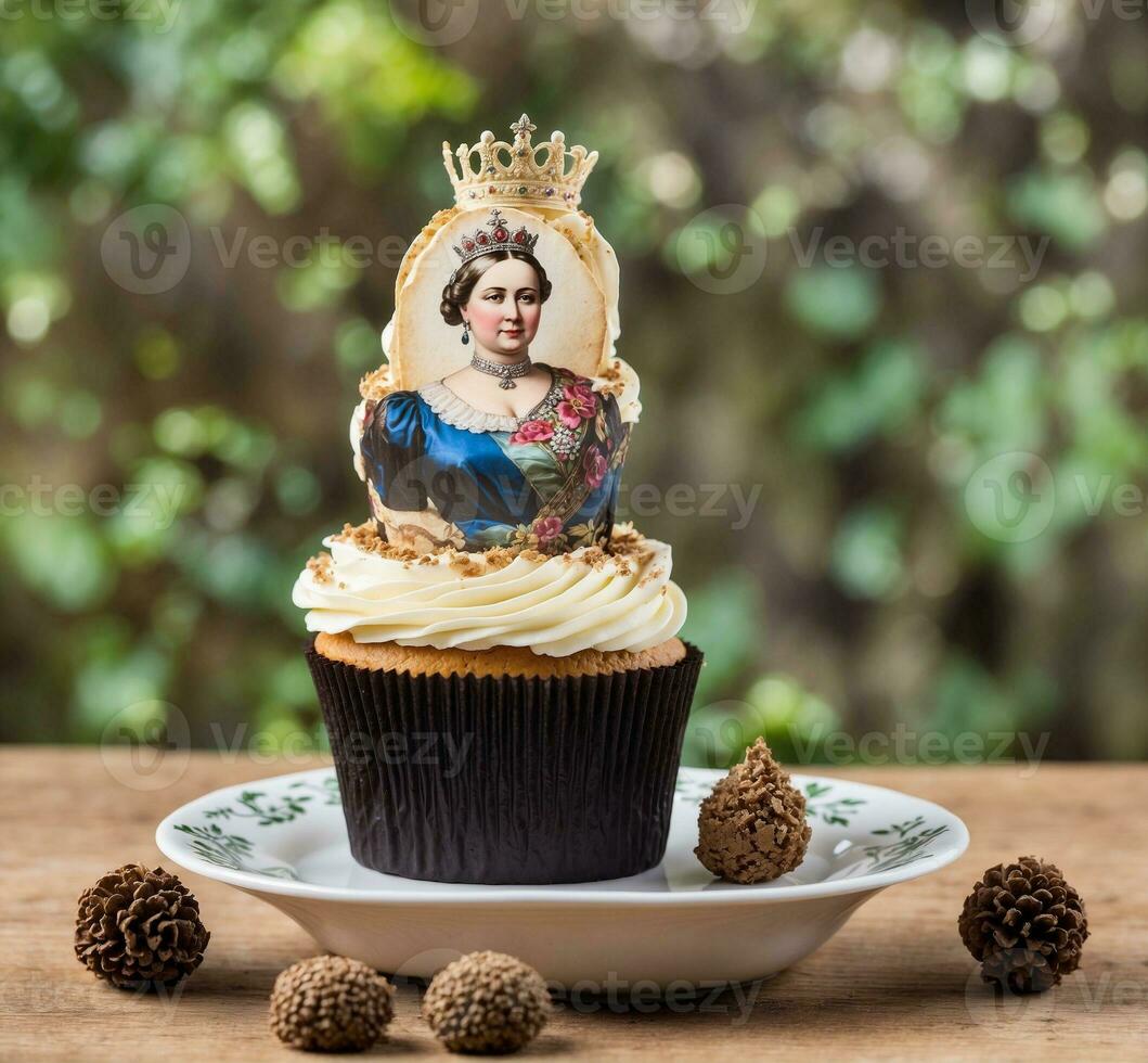 AI generated Cupcake with a beautiful woman in a crown and a crown. photo