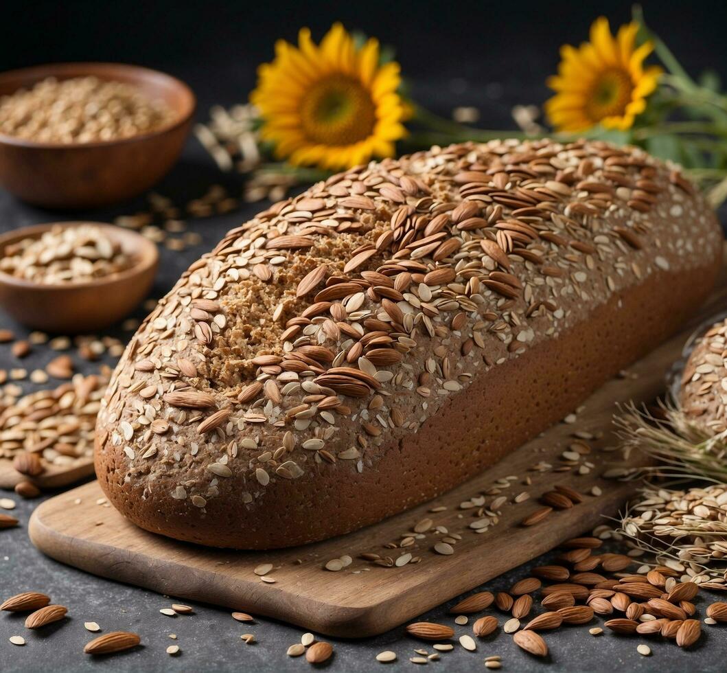 AI generated Loaf of wholemeal bread with sunflower seeds and grains on dark background photo