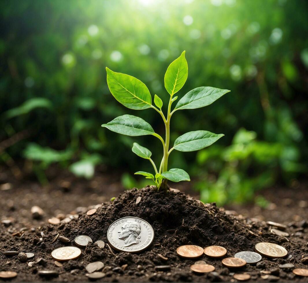 AI generated Investment concept, Coins in soil with green plants on blurred background photo