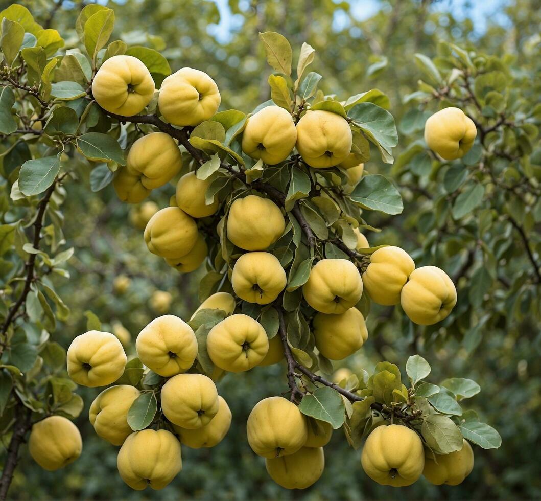 AI generated Quince tree with ripe fruits in the orchard. Quince tree with yellow fruits. photo