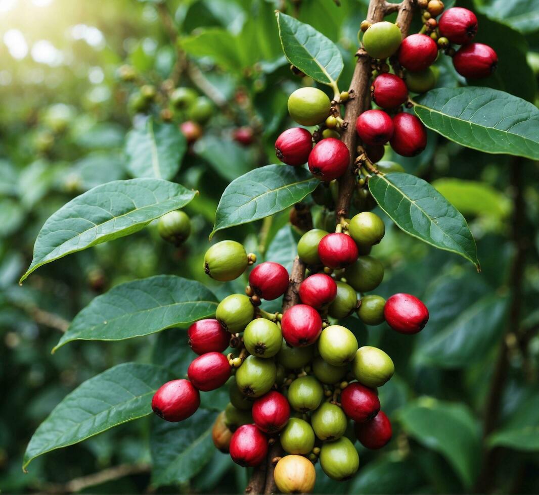 AI generated Coffee beans ripening on tree in coffee plantation. Fresh arabica coffee beans ripening on the tree. photo