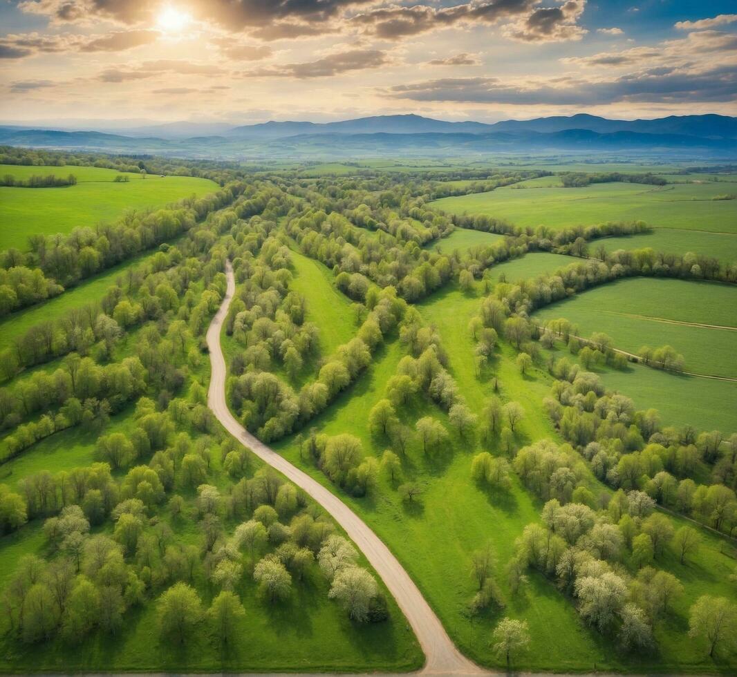 AI generated Aerial view of rural road through green fields and forest at sunset photo