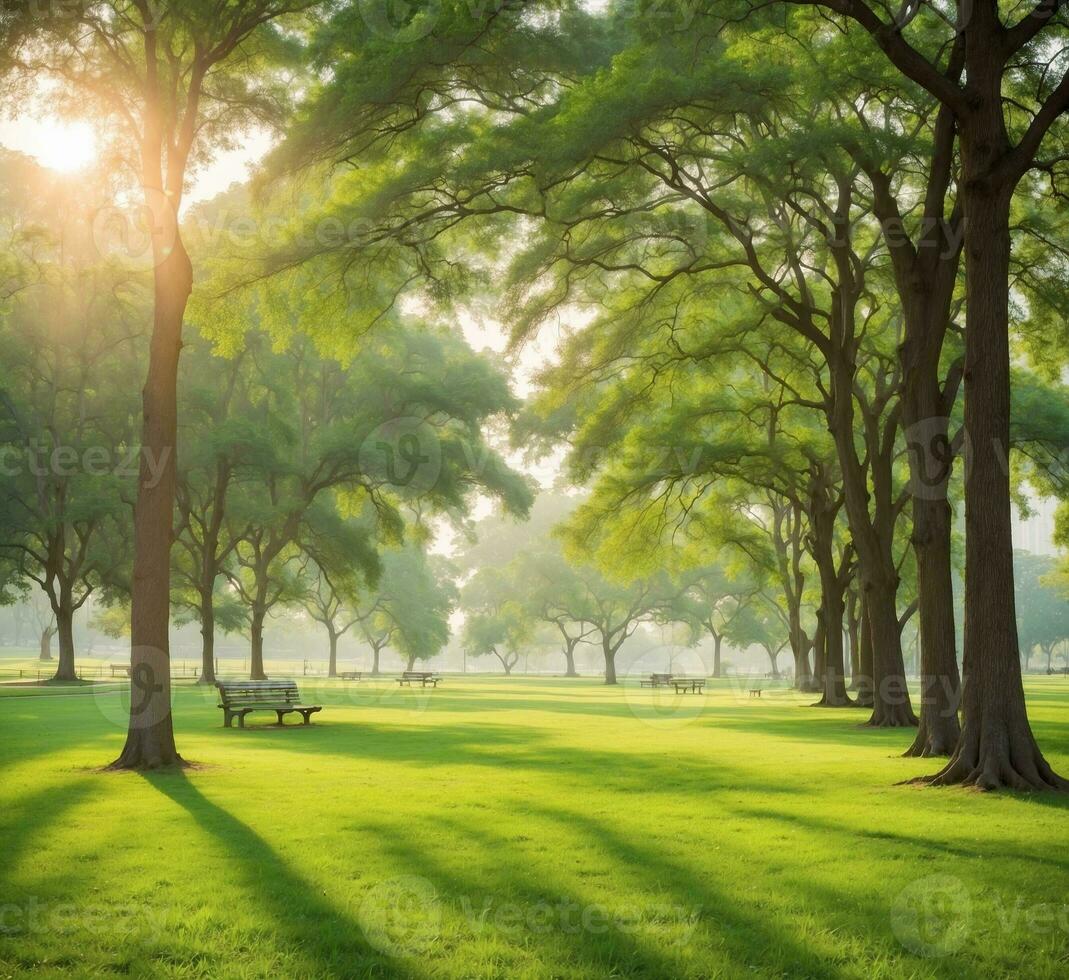 ai generado puesta de sol en el parque con verde césped y árboles, Clásico tono foto