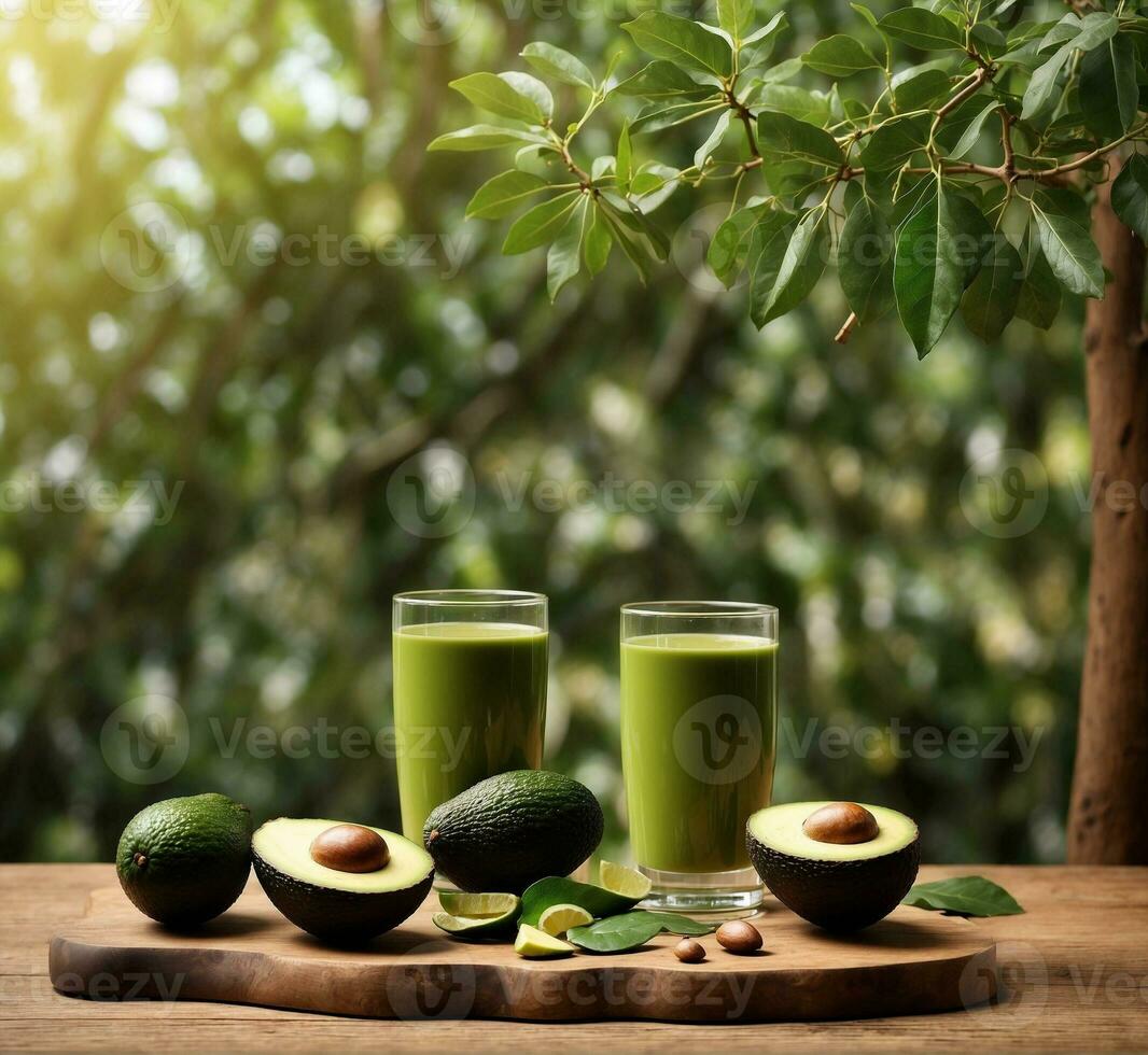 AI generated Avocado juice in glass and avocado fruit on a wooden table with nature background photo