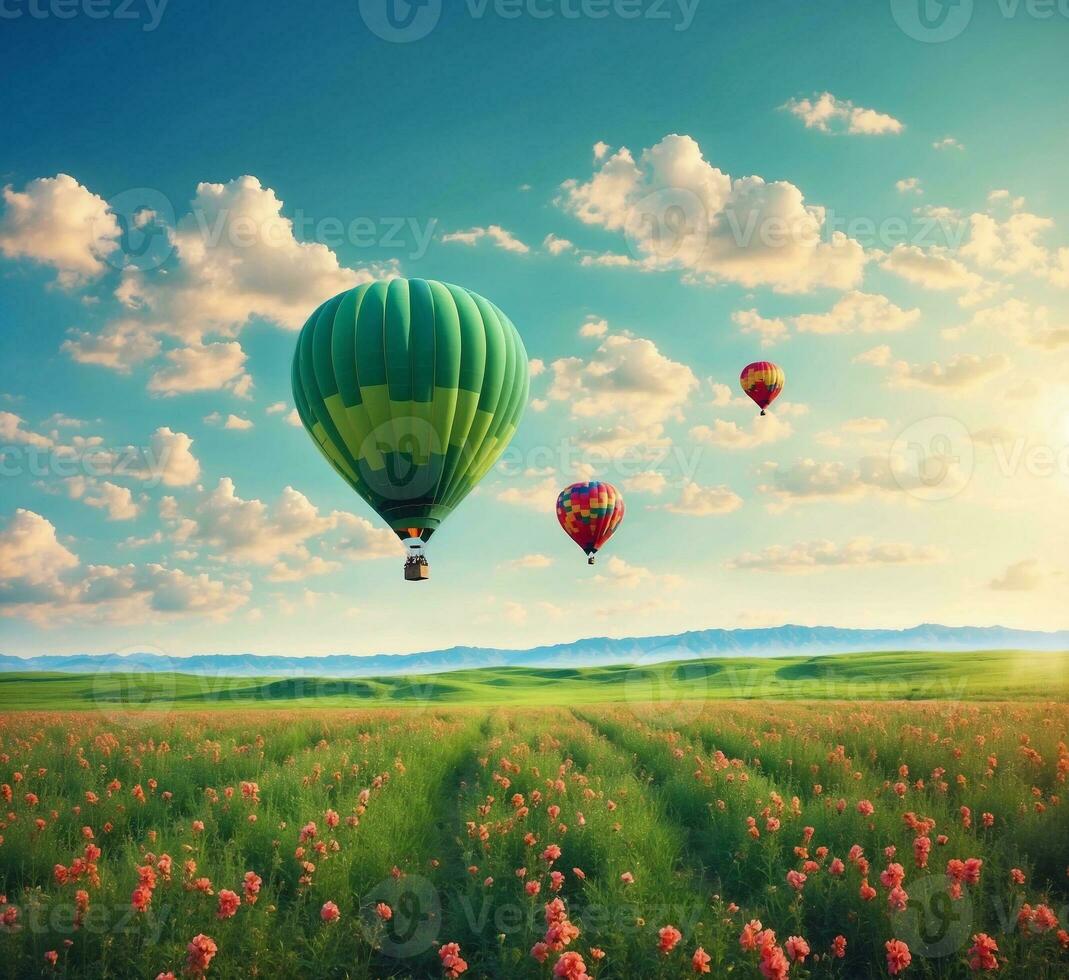 AI generated Hot air balloons flying over blooming meadow with poppies photo