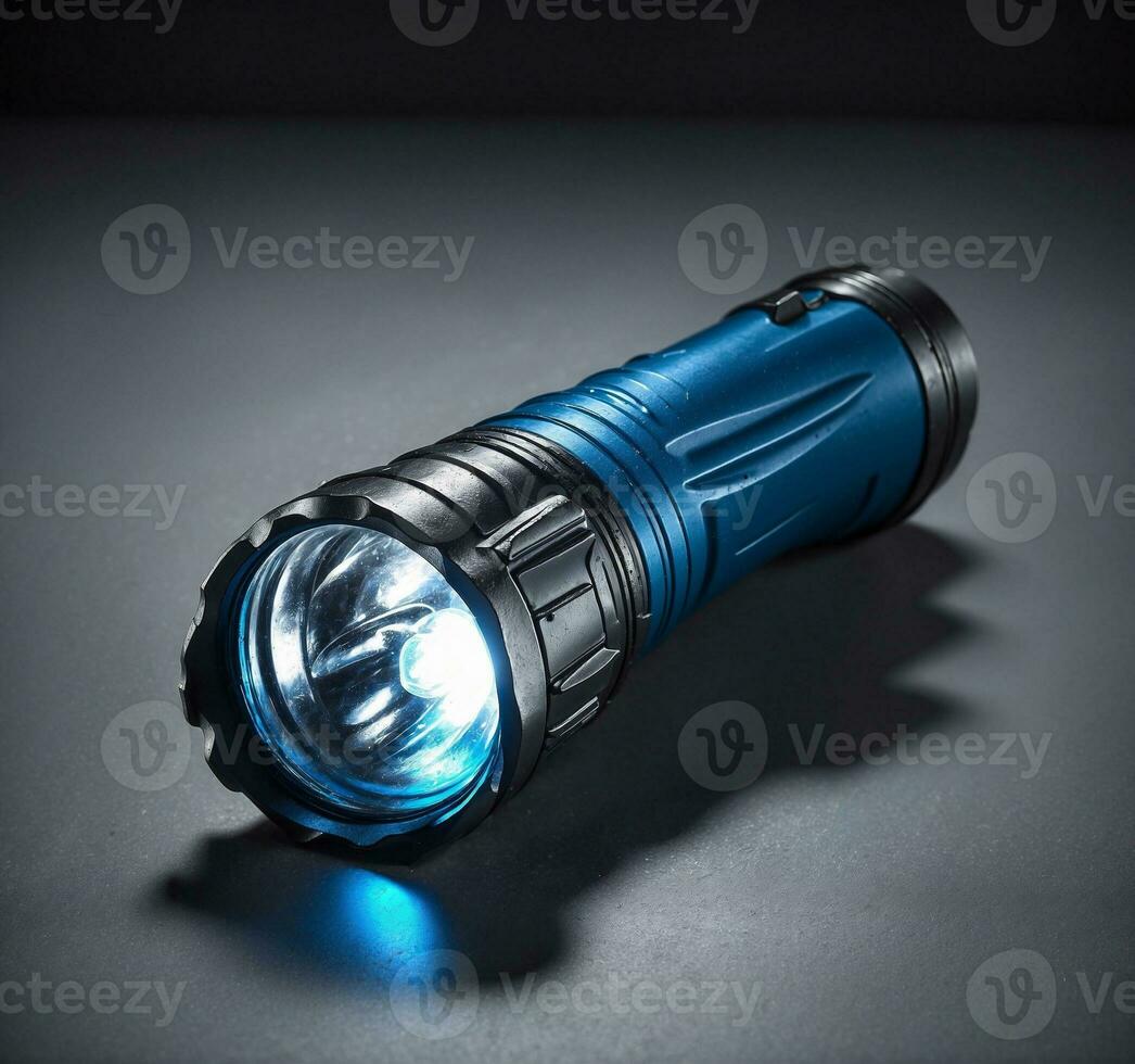 AI generated Blue flashlight on a dark background. Close-up. Selective focus. photo