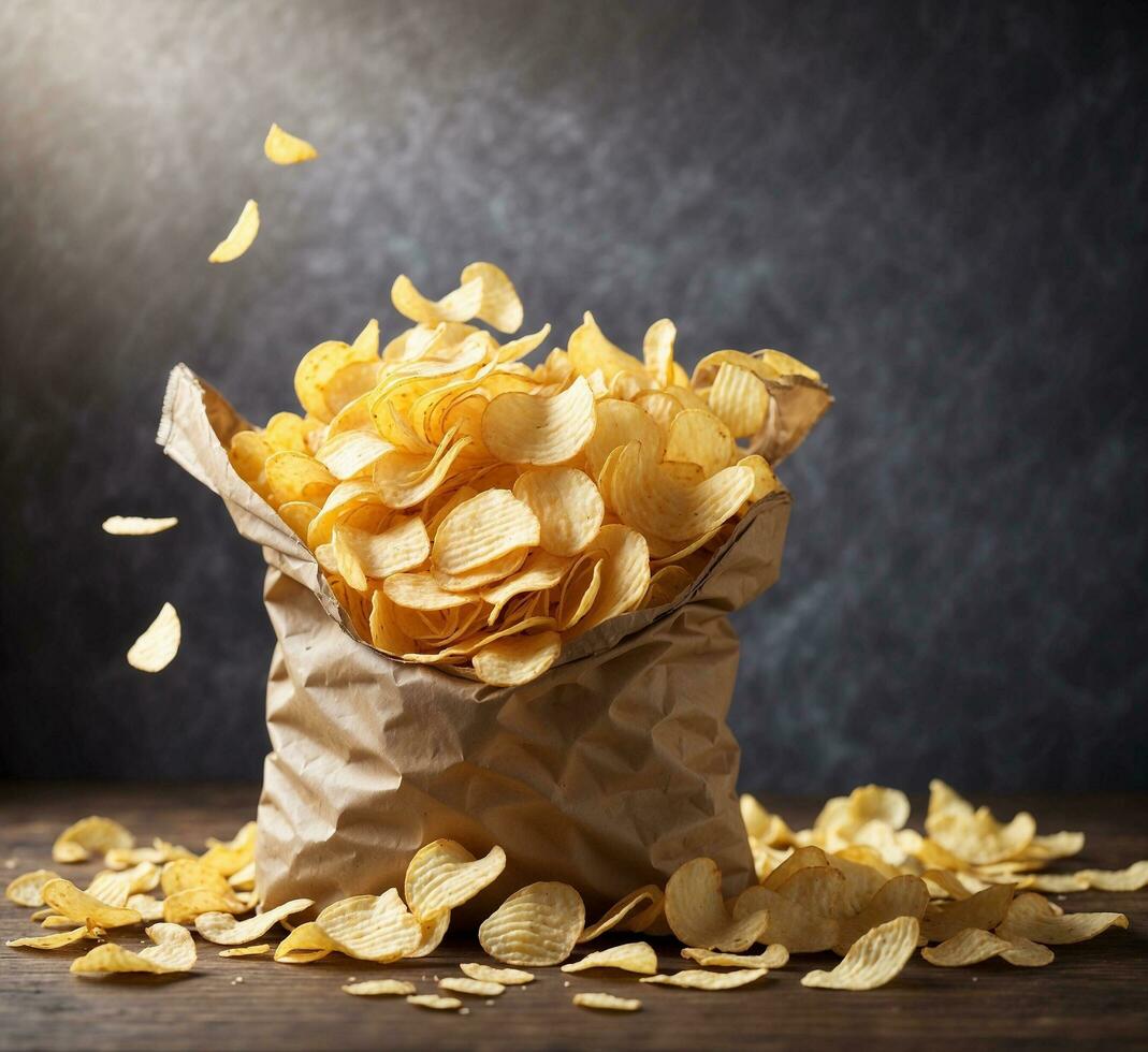 AI generated Potato chips in a paper bag on a wooden background. Selective focus. photo