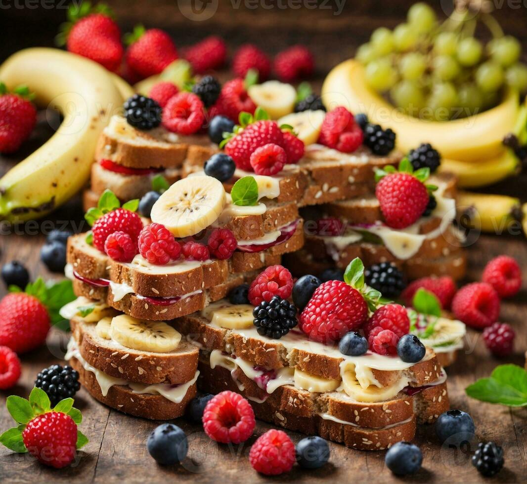 AI generated Sandwiches with fresh berries, banana and cheese on wooden background photo